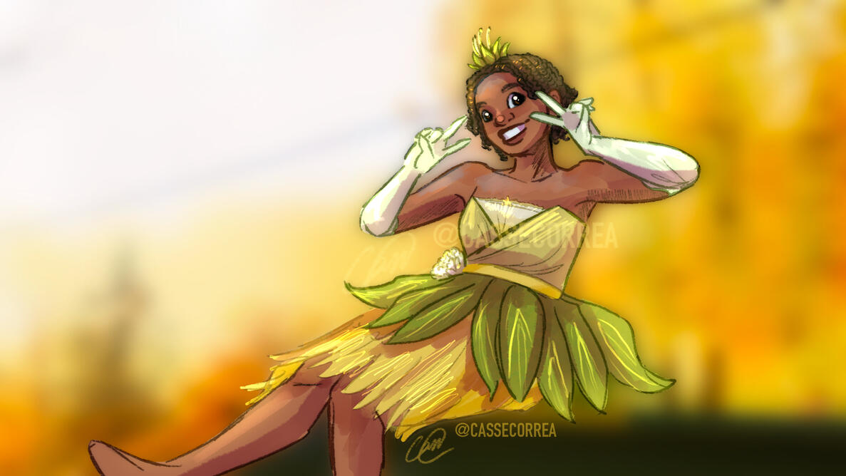 Girl in a Tiana Halloween Costume